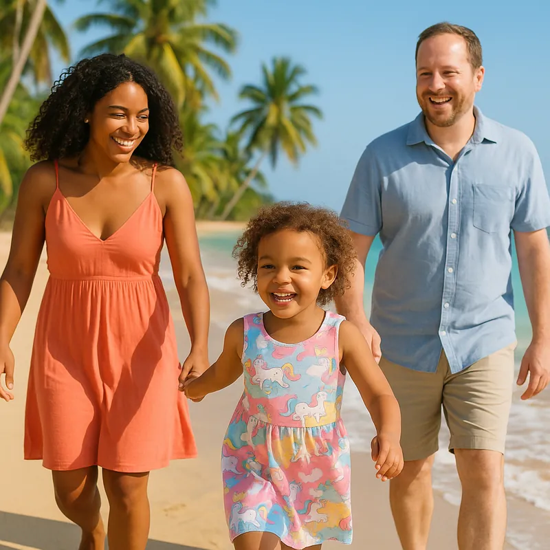 Parents et leur fille marchant sur une plage bordée de cocotiers