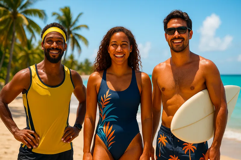 Trois sportifs souriants sur une plage, l’un tenant une planche de surf