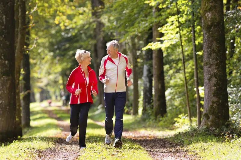 Couple de seniors marchant en forêt